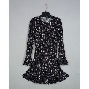 Madewell Dress Womens 4 Black Floral Long Sleeve Ruffle Hem Smocked Waist Boho